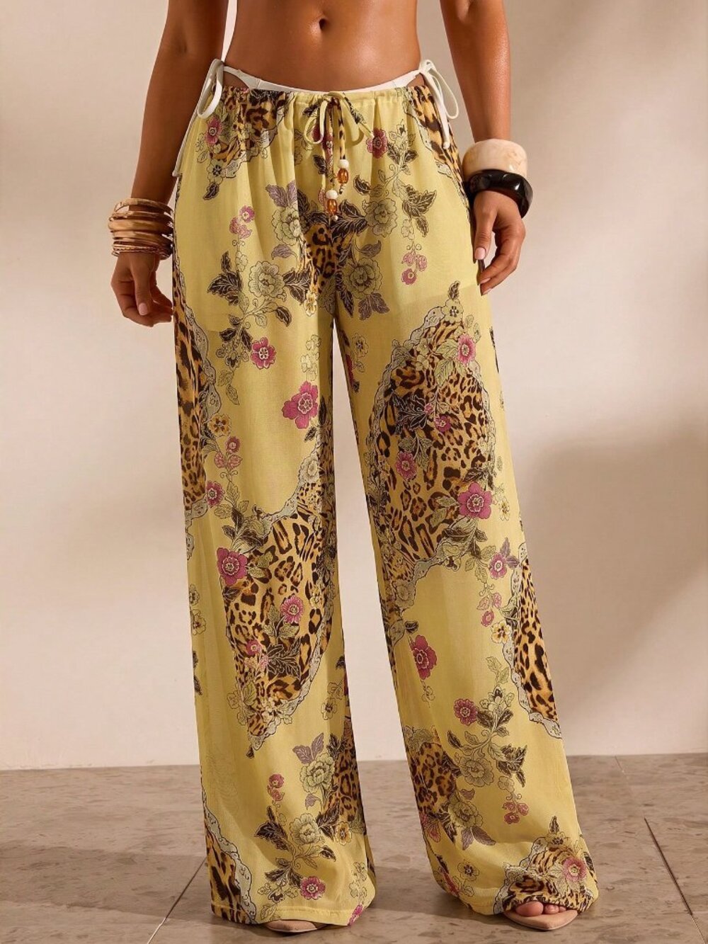 Multicolor Women's Floral Print Casual Vacation Cover-Up sheer Pants - Picture 4 of 8